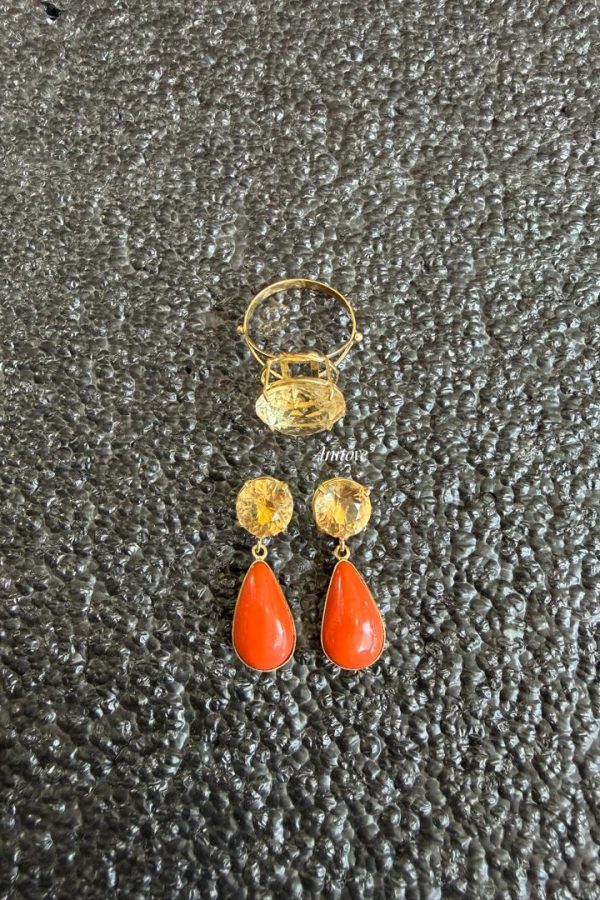 Genuine Coral, Citrine & 18k Gold Earrings and Ring Set