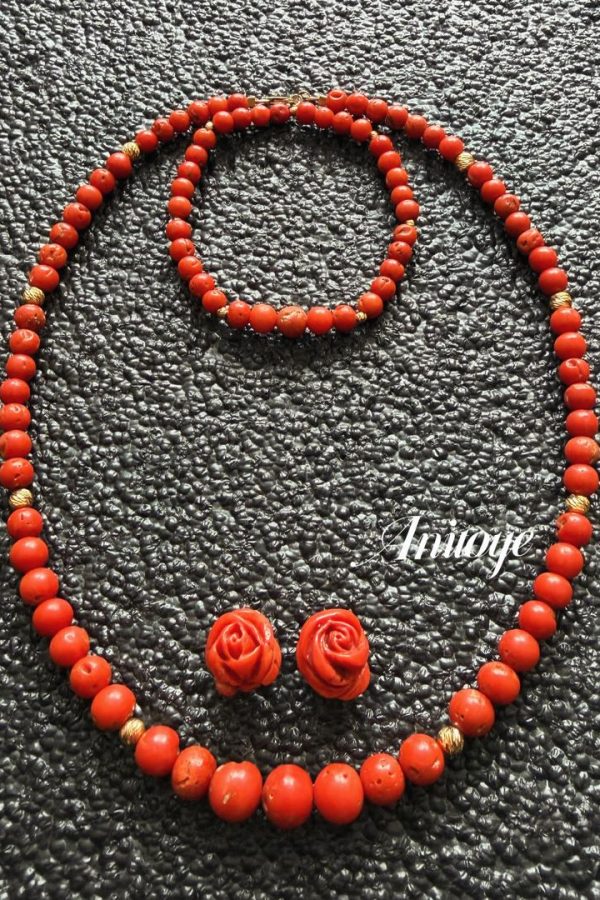 Genuine Coral & 18k Gold Jewelry Set (17")