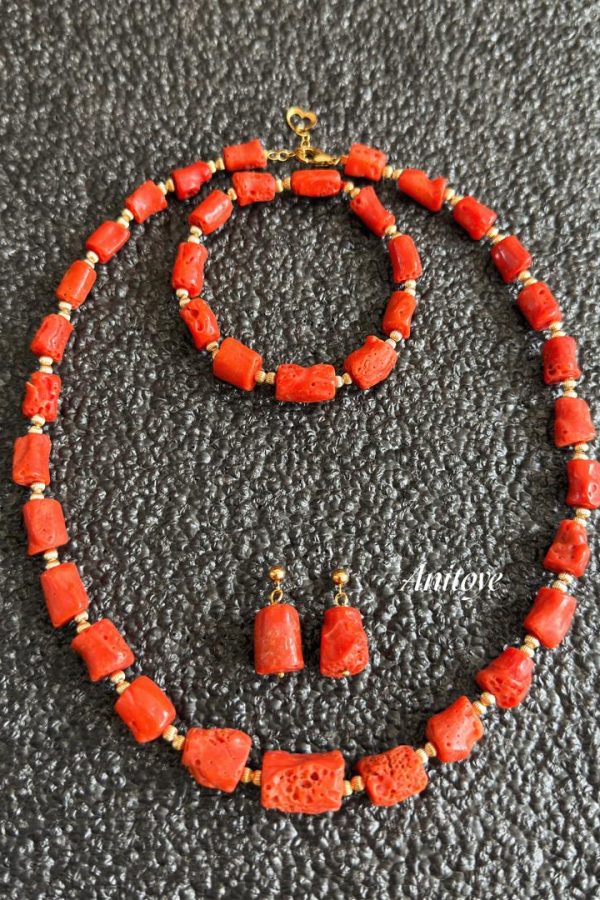 Original Coral & 14k Gold Filled Necklace and Bracelet Set