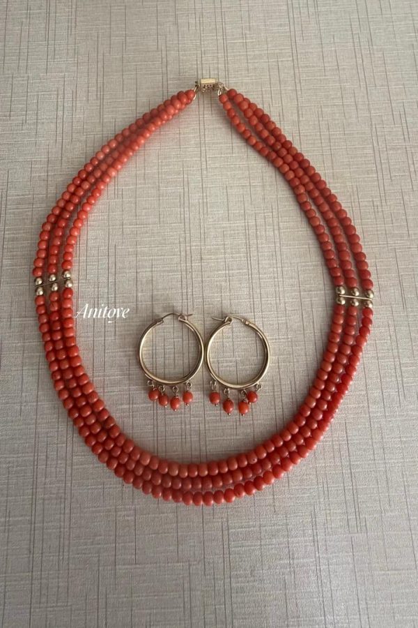 Genuine Coral & 14k Gold Filled Necklace and Earrings Set