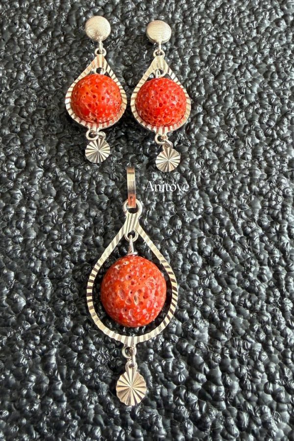 Genuine Coral & 925 Sterling Silver Earrings and Pendant