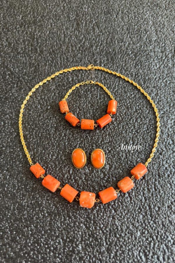 Genuine Coral & 18k Gold Jewelry Set