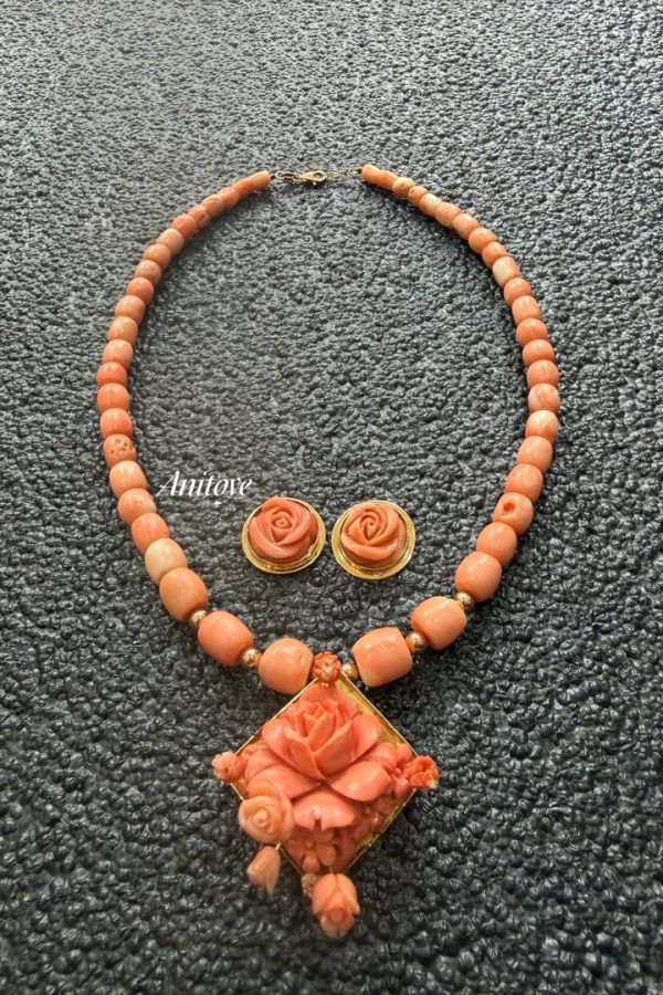 Original Pink Coral & 18k Gold Filled Necklace and Earrings Set